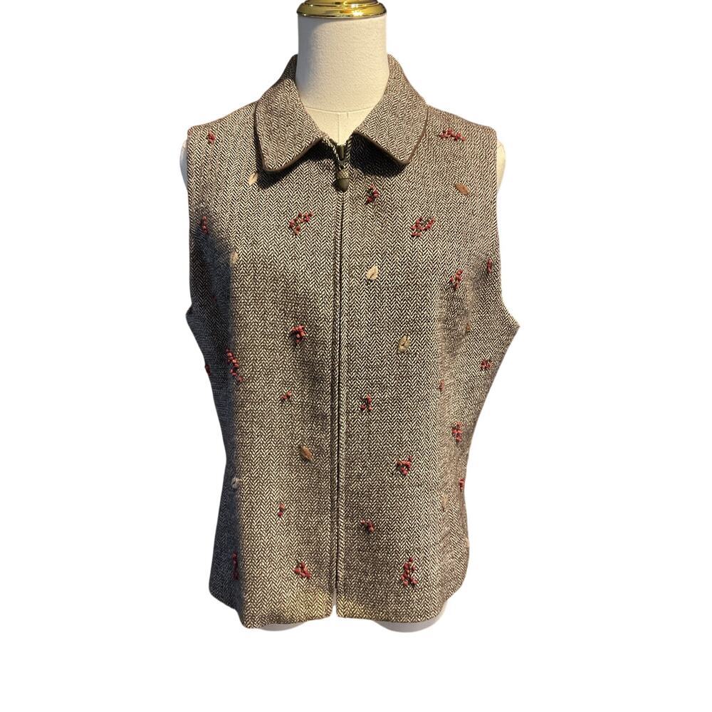 Talbot's Wool Tweed Fall Vest. Leaf and Berry Details, Acorn Zipper Pull. M